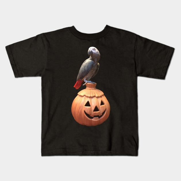 Jack-o-lantern Halloween African Grey Parrot Kids T-Shirt by Einstein Parrot